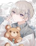  1boy absurdres cigarette closed_mouth grey_hair hair_ornament hairclip head_tilt highres kageroudt322 long_sleeves looking_at_viewer male_focus object_hug original parted_lips short_hair smoke smoking solo stuffed_animal stuffed_toy sweater teddy_bear violet_eyes 