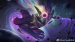  1boy alternate_costume armor artist_name capelet colored_skin dark_cosmic_(league_of_legends) english_commentary glowing glowing_eyes helmet highres league_of_legends male_focus no_mouth planet purple_skin see_you solo space space_print starry_sky_print yasuo_(league_of_legends) 