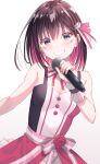  1girl azki_(hololive) bare_shoulders black_hair colored_inner_hair dress facial_mark grin hair_ornament hairclip highres hololive koh_rd microphone multicolored_hair pink_hair short_hair simple_background smile solo upper_body violet_eyes virtual_youtuber 