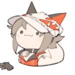  :3 animal_ear_headwear bangs black_eyes brown_hair chibi collar commentary english_commentary fox_hat gift_art lowres luxiem mysta_rias nijisanji nijisanji_en no_nose open_collar orange_shirt second-party_source shirt striped striped_shirt temmie_chang temmie_chang_(character) vertical-striped_shirt vertical_stripes virtual_youtuber white_background 