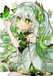  1girl bangs bug butterfly commentary_request cross-shaped_pupils detached_sleeves dress female_child genshin_impact gradient_hair green_eyes green_hair green_sleeves hair_ornament highres leaf_hair_ornament long_hair multicolored_hair nahida_(genshin_impact) parted_lips pointy_ears run_11 side_ponytail sitting solo wariza white_dress white_hair 