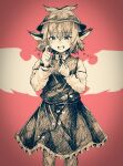  1girl animal_ears bird_ears bird_wings blush dress feet_out_of_frame frilled_dress frills hair_between_eyes hakurou_hokuto hat highres long_sleeves monochrome motion_lines mystia_lorelei open_mouth red_background short_hair solo touhou winged_hat wings 