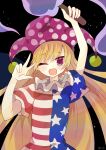  1girl absurdres american_flag_dress arm_up artist_name bangs black_sky blonde_hair blush clownpiece dress fairy_wings fire hair_between_eyes hands_up hat highres jester_cap long_hair looking_at_viewer neck_ruff night night_sky one_eye_closed open_mouth polka_dot pom_pom_(clothes) purple_fire purple_headwear short_sleeves sky smile solo standing star_(sky) star_(symbol) star_print starry_sky striped striped_dress tomomasa_(coralsea23) tongue torch touhou violet_eyes wings 