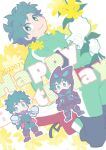  1boy belt bodysuit boku_no_hero_academia boots chibi clenched_hands closed_mouth covered_mouth dated flower freckles green_bodysuit green_eyes green_hair happy_birthday holding holding_flower hood hood_up kan_(k_mham1212) looking_at_viewer male_focus midoriya_izuku official_alternate_costume red_belt red_footwear short_hair simple_background smile standing white_background yellow_flower 