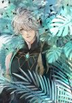  1boy al-haitham_(genshin_impact) aqua_eyes bodysuit cape chr405 gem genshin_impact green_cape grey_hair headphones highres leaf male_focus parted_lips shoulder_cape solo toned toned_male 