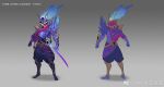  1boy alternate_costume armor artist_name bangs barefoot character_name clenched_hand colored_skin from_behind full_body glowing glowing_eyes gradient gradient_background grey_background helmet horns katana league_of_legends long_hair male_focus multiple_views pants purple_pants purple_skin see_you shoulder_armor standing sword violet_eyes weapon yasuo_(league_of_legends) 