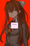  1girl arms_at_sides breasts brown_hair cardigan character_name collared_shirt dialogue_box doki_doki_literature_club frown green_eyes grey_jacket hair_between_eyes hair_ribbon highres jacket long_hair long_sleeves looking_at_viewer ma2_ereki medium_breasts monika_(doki_doki_literature_club) neck_ribbon orange_cardigan ponytail red_background red_ribbon ribbon school_uniform shirt sidelocks solo upper_body white_ribbon white_shirt 