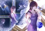  1boy 1girl bangs blue_jacket brown_hair dress earrings formal green_eyes highres jacket jewelry laoyepo lipstick long_sleeves makeup marius_von_hagen_(tears_of_themis) purple_dress purple_hair red_jacket rosa_(tears_of_themis) sleeveless sleeveless_dress tears_of_themis violet_eyes white_jacket 