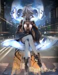  1girl boots closed_mouth crossed_legs dark-skinned_female dark_skin full_body highres hihara_you looking_at_viewer night night_sky nyarlathotep_(otogi:spirit_agents) official_art orange_eyes otogi:spirit_agents pointy_ears short_hair sitting sky smile solo white_hair 