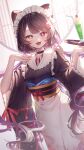  1girl :d animal_ears apron bangs black_collar brown_hair brown_kimono collar cup dog_ears drinking_glass drinking_straw fangs floating_hair heterochromia highres holding holding_tray inui_toko japanese_clothes kimono long_hair long_sleeves maid_headdress nijisanji nurumi_p red_eyes red_ribbon ribbon smile solo tray twintails very_long_hair virtual_youtuber white_apron wide_sleeves yellow_eyes 