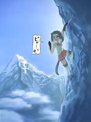  1girl alpine_marmot_(kemono_friends) black_gloves bow bowtie commentary_request elbow_gloves extra_ears gloves grey_hair grey_thighhighs highres kemono_friends long_sleeves marmot_ears marmot_girl marmot_tail mcgunngu mountain mountain_climbing open_mouth plaid plaid_skirt pleated_skirt red_bow red_bowtie red_skirt short_hair skirt solo thigh-highs translation_request zettai_ryouiki 