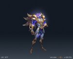  1boy alternate_costume armor armored_boots artist_name black_background blue_skin boots breastplate clenched_hand closed_mouth colored_skin full_body gauntlets gradient gradient_background grey_background grey_thighhighs hand_on_hip horns knee_boots league_of_legends leo male_focus purple_hair see_you sett_(league_of_legends) short_hair shoulder_armor solo space_print standing starry_sky_print thigh-highs white_hair 