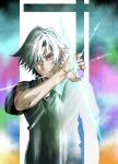  1boy 22461016a closed_mouth copyright_request diffraction_spikes eyes_visible_through_hair glowing grey_hair hair_between_eyes highres looking_at_viewer male_focus official_art pink_eyes solo 