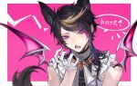  1boy animal_ears bangs black_hair blonde_hair border chinese_commentary collar colored_inner_hair commentary_request demon_wings eyeshadow fangs fingernails gloves hand_up highres kemonomimi_mode looking_at_viewer makeup male_focus metal_collar multicolored_hair nijisanji nijisanji_en open_mouth outside_border pink_background pink_hair portrait purple_hair qingyu red_eyeshadow sharp_fingernails short_hair_with_long_locks shu_yamino simple_background solo speech_bubble streaked_hair swept_bangs tail violet_eyes virtual_youtuber white_border white_gloves wings wolf_boy wolf_ears wolf_tail 