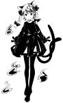  1341398tkrtr 1girl animal_ears bow braid cat_ears choker closed_mouth dress full_body hair_bow high_contrast highres hitodama kaenbyou_rin long_sleeves looking_at_viewer medium_hair monochrome multiple_tails nekomata side_braids simple_background solo tail touhou twin_braids two_tails 