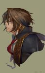  1boy artist_name black_jacket blue_eyes brown_background brown_hair collared_shirt dated final_fantasy final_fantasy_viii gold_trim hair_between_eyes highres jacket looking_at_viewer looking_to_the_side male_focus military military_uniform necktie nini_tw99 official_alternate_costume red_necktie seed_uniform_(ff8) shirt short_hair solo squall_leonhart uniform upper_body white_shirt 