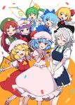  6+girls :d =_= absurdres beret bobby_socks cirno confetti crescent crescent_hat_ornament daiyousei embodiment_of_scarlet_devil feet_out_of_frame flandre_scarlet hat hat_ornament highres hong_meiling izayoi_sakuya mary_janes miz_(mizillustration) mob_cap multiple_girls nail_polish nose_bubble patchouli_knowledge red_nails remilia_scarlet rumia shoes simple_background sleeping smile socks standing star_(symbol) star_hat_ornament touhou v_arms white_background 