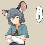  1girl animal_ear_fluff animal_ears brown_eyes capelet chagamaka crossed_arms crystal grey_hair half-closed_eye jewelry medium_hair motion_lines mouse_ears mouse_girl nazrin necklace one_eye_closed pendant solo touhou translation_request upper_body 
