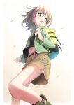  1girl backpack bag boots from_below gradient gradient_background green_eyes green_jacket grey_hair hair_ornament hairclip highres jacket kohshibasaki leaf long_sleeves looking_away miniskirt navel short_hair simple_background skirt thighs wind yama_no_susume yukimura_aoi 