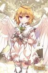  1girl angel angel_wings blonde_hair closed_mouth dress feathers flower gabriel_(otogi:spirit_agents) gloves halo kiya_machi looking_at_viewer official_art otogi:spirit_agents pink_eyes second-party_source smile solo white_flower white_wings wings 