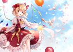  1girl :d balloon bangs bird bird_on_hand blonde_hair blue_sky bow center_frills clouds cloudy_sky commentary crystal dove feet_out_of_frame flandre_scarlet flower flying frilled_hairband frilled_skirt frills hair_bow hairband highres looking_at_viewer medium_hair mumu-crown no_headwear one_side_up open_mouth puffy_short_sleeves puffy_sleeves red_bow red_eyes red_flower red_rose red_skirt red_vest rose shirt shirt_bow short_sleeves skirt skirt_hold sky smile solo touhou vest white_shirt wide_sleeves wings yellow_bow yellow_flower yellow_rose 