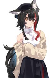  1girl animal_ear_fluff animal_ears bangs black_bow black_hair black_skirt bow braid brown_jacket cowboy_shot fishnet_top fishnets hair_between_eyes hair_ornament hairclip hololive jacket jewelry long_hair long_skirt long_sleeves low-tied_long_hair multicolored_hair necklace off_shoulder ookami_mio parted_lips puffy_long_sleeves puffy_sleeves redhead shirt side_braid sidelocks simple_background single_braid skirt sleeveless sleeveless_shirt solo streaked_hair tsushi very_long_hair virtual_youtuber white_background white_shirt wolf_ears wolf_girl x_hair_ornament yellow_eyes 