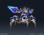  1boy alternate_costume armor artist_name black_background blue_skin cancer character_name colored_skin crossed_arms disembodied_limb extra_arms extra_legs facing_viewer full_body grey_background helmet holding holding_weapon league_of_legends see_you solo space_print standing starry_sky_print urgot weapon weapon_request 