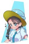  1girl :3 asymmetrical_hair bangs black_hair blue_background blue_eyes blue_headwear blue_shirt blue_theme blush border braid breast_pocket breasts closed_mouth collared_shirt commentary_request cropped_torso female_protagonist_(pokemon_sv) fumirumochigashin hair_ornament hairclip happy hat highres long_hair looking_at_viewer outline pocket pokemon pokemon_(game) pokemon_sv quaxly school_uniform shiny shiny_hair shirt short_sleeves side_braid simple_background single_braid small_breasts smile solo split_mouth sun_hat swept_bangs talking translation_request upper_body v-shaped_eyebrows white_border white_outline 