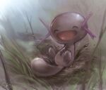  :d closed_eyes commentary_request grass happy highres mud no_humans open_mouth outdoors paldean_wooper pokemon pokemon_(creature) shiitake_(satorikirby) signature smile solo 