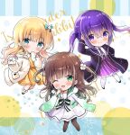  3girls ;d amedamacon black_footwear black_jacket black_necktie blonde_hair blue_eyes blush brown_hair brown_pantyhose chibi closed_mouth collared_dress collared_shirt commentary_request dress flower gochuumon_wa_usagi_desu_ka? green_eyes hair_flower hair_ornament highres jacket kirima_syaro long_hair long_sleeves looking_at_viewer multiple_girls necktie one_eye_closed open_clothes open_jacket pantyhose pleated_dress purple_hair purple_skirt sailor_collar shirt shoes skirt sleeves_past_fingers sleeves_past_wrists smile striped striped_skirt tedeza_rize twintails two_side_up ujimatsu_chiya vertical-striped_skirt vertical_stripes very_long_hair violet_eyes white_dress white_flower white_jacket white_pantyhose white_sailor_collar white_shirt wide_sleeves yellow_dress 