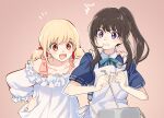  2girls :d apron bangs blonde_hair blue_eyes blush brown_hair clenched_teeth collarbone collared_shirt copyright_request dress frilled_dress frills hair_ribbon hands_up long_hair medium_hair multiple_girls neck_ribbon nonenannn notice_lines open_mouth pink_background ponytail puffy_short_sleeves puffy_sleeves red_eyes red_ribbon ribbon shiny shiny_hair shirt short_sleeves simple_background smile teeth white_apron white_dress 