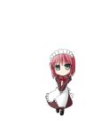  1girl apron black_footwear bow bowtie closed_mouth full_body green_eyes hisui_(tsukihime) long_sleeves looking_at_viewer maid maid_headdress pink_hair red_bow red_bowtie short_hair simple_background smile solo tsukihime v_arms white_apron white_background yamagata_(yamagata_bosi) 
