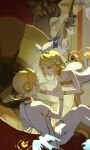  1boy 1girl bird bishounen blonde_hair blue_eyes bow choker earrings floating hair_bow hair_ornament hairclip highres holding_hands jewelry kagamine_len kagamine_rin low_ponytail male_focus ponytail profile short_hair short_sleeves shorts siblings solo sparkle twins vocaloid wu_liu 