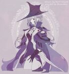  1girl a9712mob arknights ascot bangs black_gloves cape cropped_legs earrings gladiia_(arknights) gloves grey_hair hair_over_one_eye hat high_collar holding holding_clothes jewelry long_hair nora_(petlico) one_eye_covered pale_skin pants pointy_ears profile purple_cape purple_headwear red_eyes solo twitter_username upper_body white_ascot white_pants 