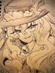  1girl collared_shirt commentary_request cross frilled_hat frills greyscale hat hat_feather highres holding holding_cross jacket_girl_(dipp) long_hair long_sleeves looking_at_viewer monochrome neck_ribbon ribbon sakihanaaa shirt solo touhou traditional_media very_long_hair wavy_hair 