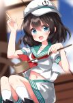  1girl :d black_hair blue_eyes blurry blurry_background depth_of_field feet_out_of_frame hair_between_eyes hat highres holding index_finger_raised ladle murasa_minamitsu navel open_mouth ruu_(tksymkw) sailor_collar sailor_hat short_hair short_sleeves smile solo touhou 