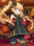  1girl blonde_hair blue_eyes boots coat fang gun handgun highres holding holding_weapon kiya_machi long_hair long_sleeves looking_at_viewer military military_uniform official_art otogi:spirit_agents pants pointing pointing_at_viewer solo star_(symbol) susquehanna_(otogi:spirit_agents) twintails uniform weapon 