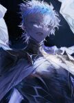  1boy armor au_(d_elite) bangs blonde_hair blue_eyes blue_light castor_(fate) collar expressionless eyes_visible_through_hair fate/grand_order fate_(series) gold_armor laurel_crown looking_at_viewer male_focus metal_collar robe short_hair shoulder_armor solo toned toned_male upper_body white_robe 