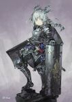  1girl armor armored_boots boots braid breastplate colored_eyelashes commentary_request fleur_de_lis full_body gauntlets grey_eyes grey_hair highres holding holding_shield knight konno_takashi long_hair looking_at_viewer original plate_armor shield shoulder_armor solo sword weapon 