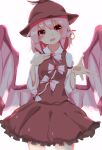  1girl animal_ears bad_anatomy bad_hands bird_ears bird_wings blush brown_dress brown_headwear cowboy_shot dress earrings frilled_dress frills hair_between_eyes highres iroha_(pcrx7327) jewelry long_sleeves mystia_lorelei open_mouth pink_eyes pink_hair short_hair simple_background single_earring smile solo touhou white_background white_wings winged_hat wings 