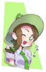  1girl :3 animal_ears asymmetrical_hair bangs blush border braid breast_pocket breasts brown_hair collared_shirt commentary_request cropped_torso female_protagonist_(pokemon_sv) fumirumochigashin green_background green_eyes green_headwear green_theme grey_shirt hair_ornament hairclip happy hat highres long_hair looking_at_viewer one_eye_closed open_mouth outline pocket pokemon pokemon_(game) pokemon_sv school_uniform shiny shiny_hair shirt short_sleeves side_braid simple_background single_braid small_breasts smile solo sprigatito sun_hat swept_bangs talking translation_request upper_body white_border white_outline 