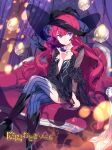  1girl :o black_dress crossed_legs dress hat highres kiya_machi lady_musk_(otogi:spirit_agents) long_hair looking_at_viewer official_art open_mouth otogi:spirit_agents parted_lips redhead sitting solo thigh-highs violet_eyes wavy_hair witch_hat 