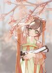  1girl bangs blurry blurry_background branch brown_hair chinese_clothes closed_mouth earrings green_eyes hair_bun hair_ornament highres holding holding_scroll jewelry littletreeee long_hair long_sleeves outdoors rosa_(tears_of_themis) scroll single_hair_bun smile solo tears_of_themis 