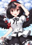  1girl armband belt bird_wings black_belt black_hair black_ribbon black_skirt black_wings breasts brown_eyes camera clouds cloudy_sky collared_shirt cowboy_shot day feathered_wings frilled_skirt frills hat highres holding holding_camera medium_breasts neck_ribbon one-hour_drawing_challenge open_mouth outdoors pom_pom_(clothes) puffy_short_sleeves puffy_sleeves red_headwear ribbon ruu_(tksymkw) salute shameimaru_aya shirt short_hair short_sleeves skirt sky solo tassel tokin_hat touhou translated white_shirt wings 