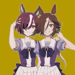  2girls animal_ears bow bowtie brown_eyes commentary_request ear_ornament ear_piercing eyepatch hair_over_one_eye highres hinata_(hnt_reexxxxx) horse_ears horse_girl horse_tail horseshoe_ornament light_brown_hair long_hair looking_at_viewer low_ponytail multicolored_hair multiple_girls piercing pleated_skirt puffy_short_sleeves puffy_sleeves purple_bow purple_bowtie purple_shirt sailor_collar sailor_shirt school_uniform shirt short_hair short_sleeves simple_background skirt summer_uniform tail tanino_gimlet_(umamusume) tracen_school_uniform two-tone_hair umamusume vodka_(umamusume) white_hair white_sailor_collar white_skirt yellow_background 