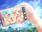 5girls aoba_moca bang_dream! beach bird cloud day green_eyes hazawa_tsugumi hikawa_sayo holding_phone official_art open_mouth pink_hair sand_castle selfie short_hair smile sunglasses sunlight swimsuit udagawa_tomoe uehara_himari