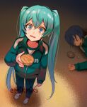  1boy 1girl aqua_hair blue_eyes blurry blurry_background can candy commentary crumbs crying dalgona death food food_in_mouth foreshortening from_above green_jacket hatsune_miku holding holding_can jacket kaito_(vocaloid) long_hair mikmix on_ground open_mouth parody slippers solo_focus squid_game standing toothpick track_jacket twintails very_long_hair vocaloid wavy_mouth wide-eyed x_x 