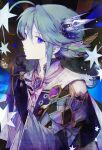  1boy absurdres bishounen blue_hair crown facing_to_the_side gem gloves highres hihara_you jewelry long_sleeves looking_at_viewer male_focus necklace original parted_lips solo star_(symbol) violet_eyes wing_ears wings 