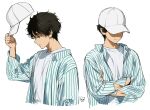  1boy artist_logo bangs brown_hair closed_mouth collared_shirt cropped_torso crossed_arms frown grey_background hand_up highres hyouka mery_(yangmalgage) messy_hair multiple_views open_clothes open_shirt oreki_houtarou shiny shiny_hair shirt short_hair simple_background striped striped_shirt white_headwear white_shirt 