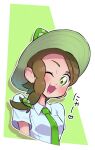  1girl :3 animal_ears asymmetrical_hair bangs blue_shirt blush border braid breast_pocket breasts brown_hair collared_shirt commentary_request cropped_torso female_protagonist_(pokemon_sv) fumirumochigashin green_background green_eyes green_headwear green_theme hair_ornament hairclip happy hat highres long_hair looking_at_viewer one_eye_closed open_mouth outline pocket pokemon pokemon_(game) pokemon_sv school_uniform shiny shiny_hair shirt short_sleeves side_braid simple_background single_braid small_breasts smile solo sprigatito sun_hat swept_bangs talking translation_request upper_body white_border white_outline 